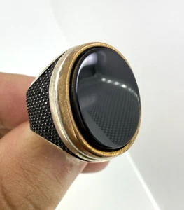 Bague ovale noire onyx vintage argent sterling 925 taille:1 1 bande largeur 5 mm - Photo 1 sur 16