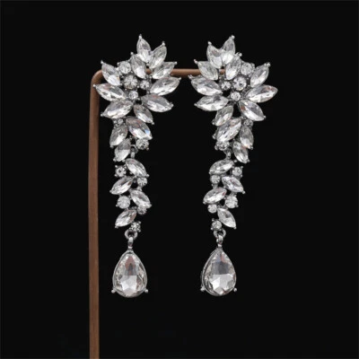Ice White Crystal Flower Long Drop Dangle Bridal Earring Trendy Wedding Jewelry - Image 1 of 4