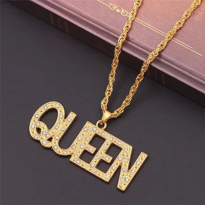 Colgante Reina Circonita Helada Tono Oro 14K + Cadena Cuerda 24" Hip Hop Ropa de Calle Joyería Foto 1 de 4