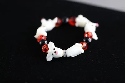 Dog Lampwork Bracelet 6.5" inch Elastic Glass Beads Red Crystal Black Onyx - Image 1 of 4