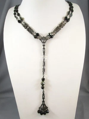 Collar colgante de 24" con cuentas borla de vidrio en Y colgante de 2 cadenas negro 1928 9953 Foto 1 de 4