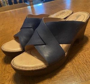 Born Womens Sandals Navy Blue Leather Criss Cross Strap Platform Heels Size 11M - Picture 1 of 5