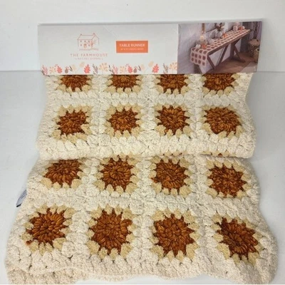 The Farmhouse Rachel Ashwell Fall Cozy Crochet Cream and Orange Table Runner - Image 1 of 4