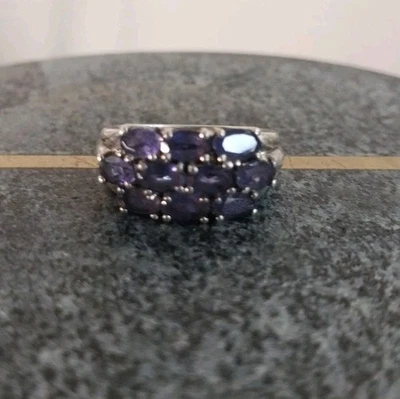 925 Sterling Silver Amethyst Staggered Brick Style Cluster Ring Sz 5 - Image 1 of 4