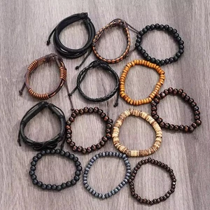 Men's Leather Bracelet Wooden Beaded Rope Bangle Wristband Gifts For Him Boys UK - Picture 1 of 8