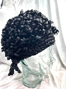 Black Woven Hat Ribbon Headband and Top Loops Vtg MCM Handmade - Picture 1 of 9