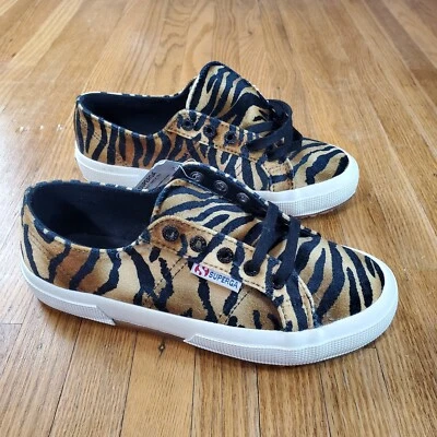 Sapatos femininos SUPERGA 2750 tamanho 5 conhaque zebra veludo estampa animal novo sem caixa - Imagem 1 de 4