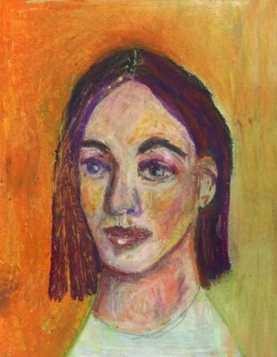 Expressive Original Portrait Painting 9x12 Orange Naive Woman Wall Art Miz Katie - Image 1 of 4