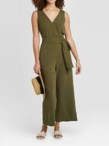 NWT A NEW DAY Women's Sleeveless V-Neck Cropped Jumpsuit Green Tie Waist S SMALL
