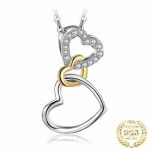 925 Sterling Silber Herz Kette Doppelherz Anhänger mit Zirkon Geschenk für Fraue - Bild 1 von 11