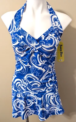 复古深蓝色 OXYGEN 女式 16 码蓝色/白色裙式连体泳衣全新带标签 — 第 1/4 张图片