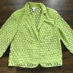 Chico’s Lace Sheer Blazer Jacket Size 2 Medium Lime Green 3/4 Sleeves Pockets C3 - Picture 1 of 8