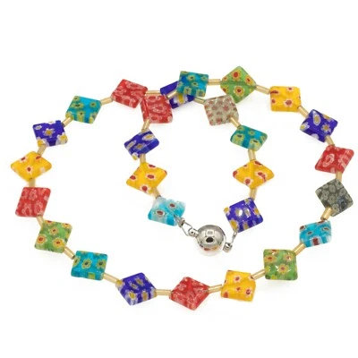 Millefiori Glas Perlen Kette Raute Perlen Magnetverschluss - Bild 1 von 2