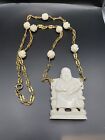 Vintage 12K Gold Filled 28" Chain Carved Chinese God And Flowers Necklace