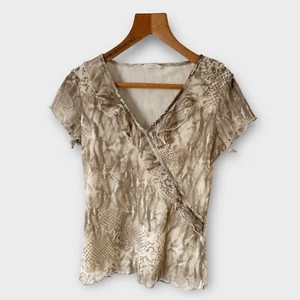 Vintage Y2K Marks & Spencer Blouse Top 14 Fit 12 Beige Nude Snakeskin Mesh Frill - Picture 1 of 10