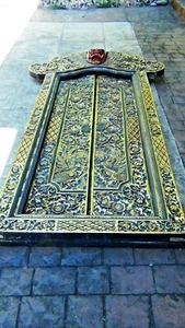 ANTIQIE 19 ASIAN TIBET PAINTED WOOD HIGH-RELIEF DECORATION W/GILT ACCENTS DOOR - Picture 1 of 12