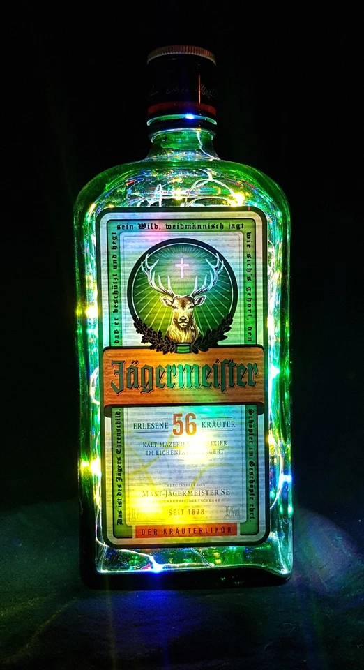 Jägermeister Flaschenlampe mit 80 LEDs Bunt Upcycling Lampe Geschenk Idee - Bild 1 von 1