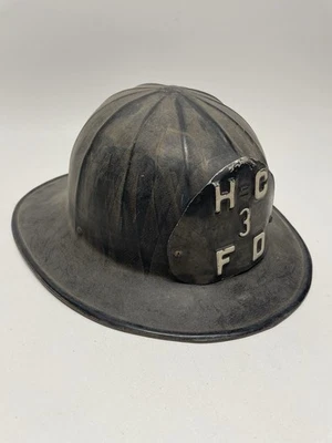 Vintage Black Fiberglass Fireman Helmet From HC 3 FD Fire Fighter Raised Letters - Image 1 of 4