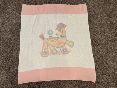 Vintage Baby Blanket Horse Pink White 60s 70s 35.5”x31.5” - Image 1 of 4
