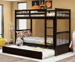 Merax Wood Bunk Bed, Twin Over Twin, Espresso with Trundle