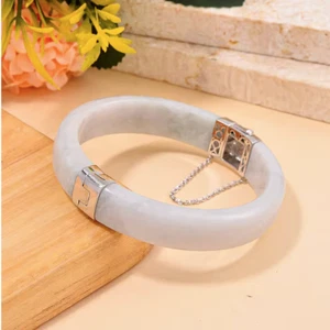 Natural Burmese Jadeite Jade Bangle in Rhodium Over Sterling Silver 231 Ct. - Picture 1 of 6