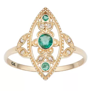 10k Yellow Gold Vintage Style Genuine Round Emerald and Diamond Ring - Picture 1 of 5