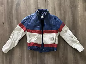 Vtg Rex Marsee Design Bell Genuine Leather Red White Blue Motorcycle Jacket 44 - Picture 1 of 14