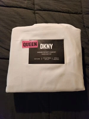 Conjunto de lençóis DKNY lavado para conforto macio branco/marfim sólido queen 4 peças NOVO - Imagem 1 de 2