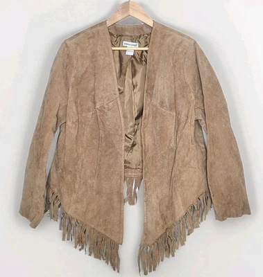 复古 Jessica London 16 码真皮麂皮绒棕褐色夹克开襟条纹  — 第 1/4 张图片