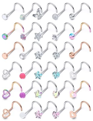 Anillos para nariz 20G tachuelas acero quirúrgico brillo corazón oscuro ópalo circonita cúbica flor piercing J... Foto 1 de 4