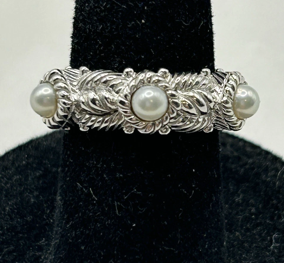 Anillo Judith Ripka Plata Esterlina 3 Perlas Estación Banda Talla 5 Foto 1 de 4