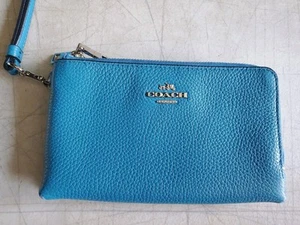 Coach Teal 6.5"x4" Leather Wristlet Wallet Double Zipper Good Condition - Picture 1 of 16
