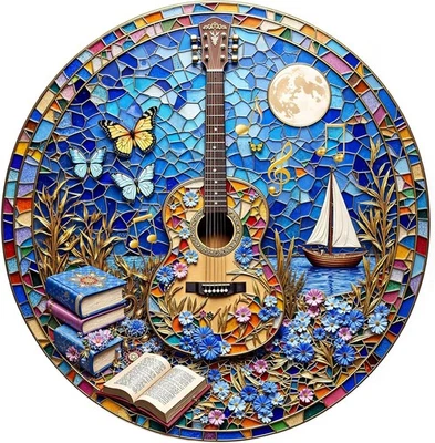Wooden Puzzles for Adults, Stained Glass Guitar Wooden Jigsaw Puzzle for Adults, - Image 1 of 4