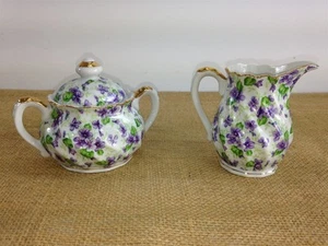 Juego De Colección Crema Azúcar Cuenco con Tapa Lefton China Violeta Chintz Rojo Lámina Etiqueta - Imagen 1 de 8