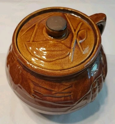McCoy Pottery Bean Pot w/ Knob Lid Raised Design of Plants/ Bean Pods 1940s-60s - Image 1 of 4