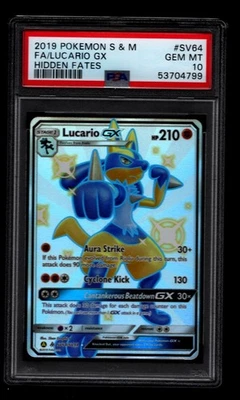 Lucario GX SV64/SV94 Hidden Fates Full Art Rare PSA 10 Gem Mint Pokemon Card - Image 1 of 2