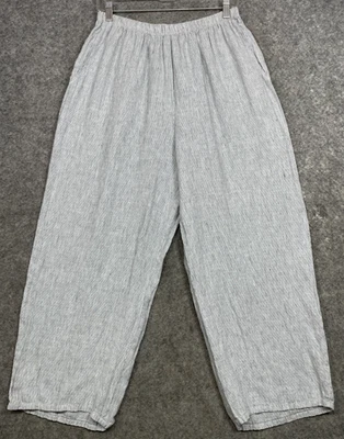 FLAX Linen Pants Womens M Gray White Stripe Wide Leg Barrel Lagenlook Pull On - Image 1 of 4
