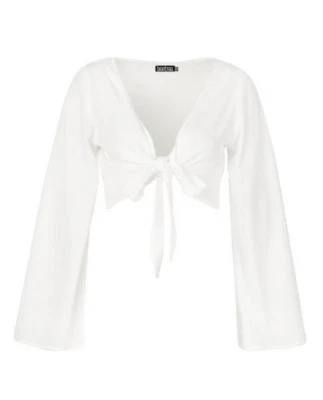Boohoo White Tie Top Front Long Sleeved Cropped Beach BNWT Size XS / UK 6 8