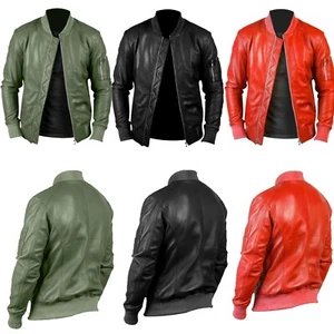 Mens Real Varsity Bomber Leather Jacket Soft Sheepskin Jacket - Picture 1 of 28