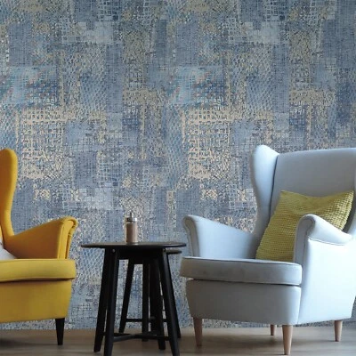 Abstract Modern Embossed blue gray gold metallic faux fabric textured wallpaper - Image 1 of 4
