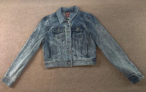 Arizona Denim Jacket Womens L Blue Jean Crop Biker Trucker Pockets Faded Look - Picture 1 of 11