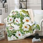 Pure White Flowers Green Leaves 3D Warm Plush Fleece Blanket Picnic Sofa Couch
