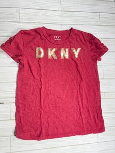DKNY Wine Red T-Shirt with Braided Sleeves and Gold Sequin Logo  Size Large (12) - Picture 1 of 4