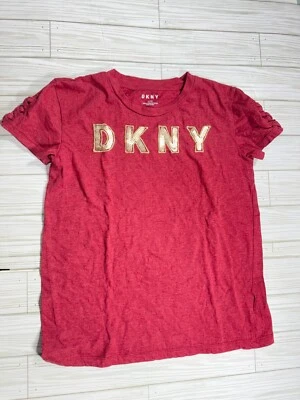 DKNY Wine Red T-Shirt with Braided Sleeves and Gold Sequin Logo  Size Large (12) - Image 1 of 4