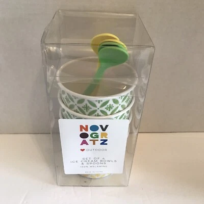 Juego de 4 cuencos y cucharas de helado Novogratz verde amarillo 4" melamina nuevo en caja Foto 1 de 4