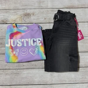 Girls Justice Outfit Size 8. NWT! Tie Dye Sweatshirt And Black Cargo Jeans. - Picture 1 of 14
