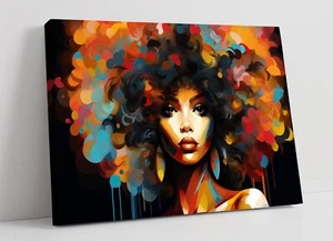 BLACK LADY WITH BIG RAINBOW AFRO PAINTING -FRAMED CANVAS WALL ART PICTURE PRINT - Picture 1 of 2