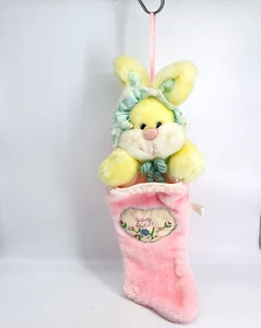 Vintage 1985 gut gemacht flauschig pastell rosa gelb osterhase hase plüschstrumpf - Bild 1 von 12