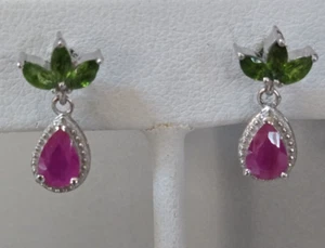 Premium Ruby/ Chrome Diopside Dangle Earrings in Platinum Over Sterling 1.60 ctw - Picture 1 of 7