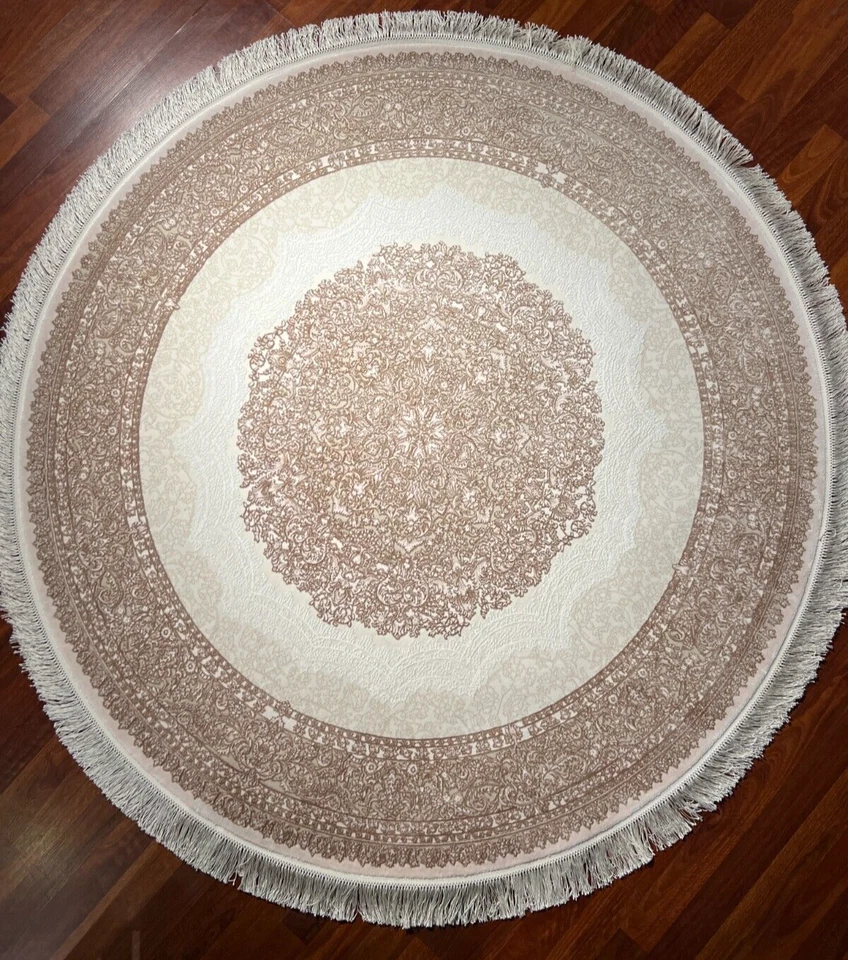 5x5 ft Beige Bamboo Silk Round Rug – Vintage Circle Rug for Home Decor - Image 1 of 4